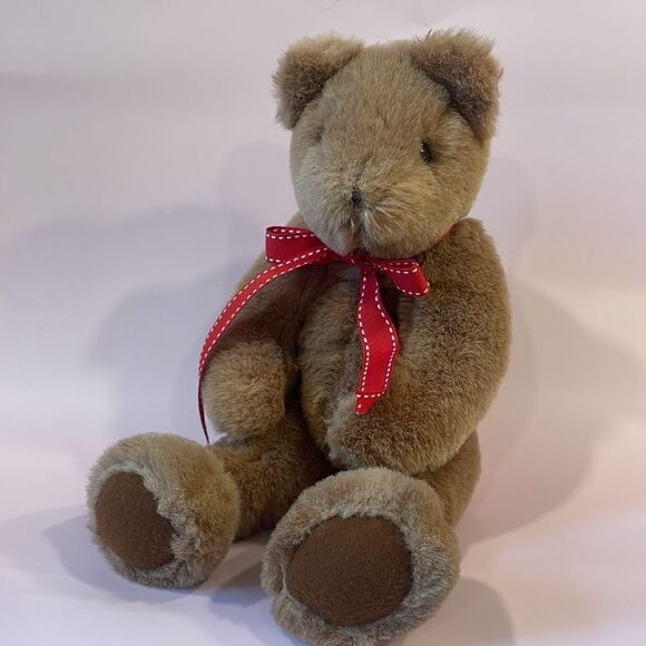 Classic Vintage Weighted Light Brown Teddy Bear Jointed Legs & Arms Red Ribbon - Picture 5 of 11